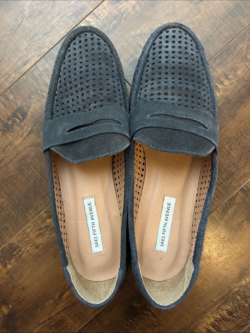 Saks Fifth Avenue Navy Suede Perforated Penny Loafers